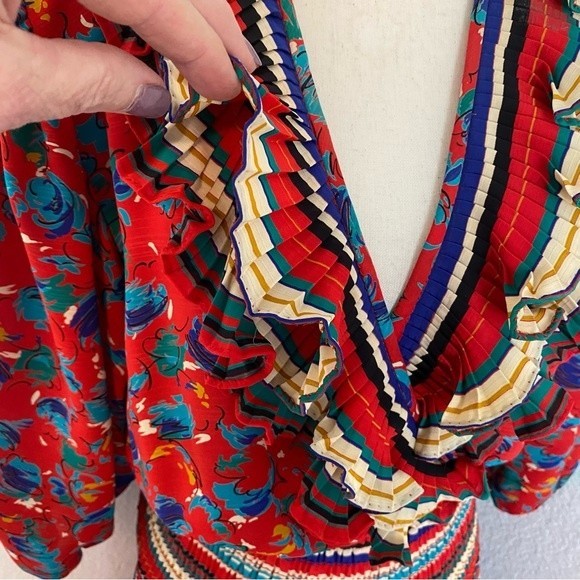 Vintage Assorti Floral Blue Red Wrap Front Unique Waist Pleated Maxi Dress SZ M - Picture 6 of 14